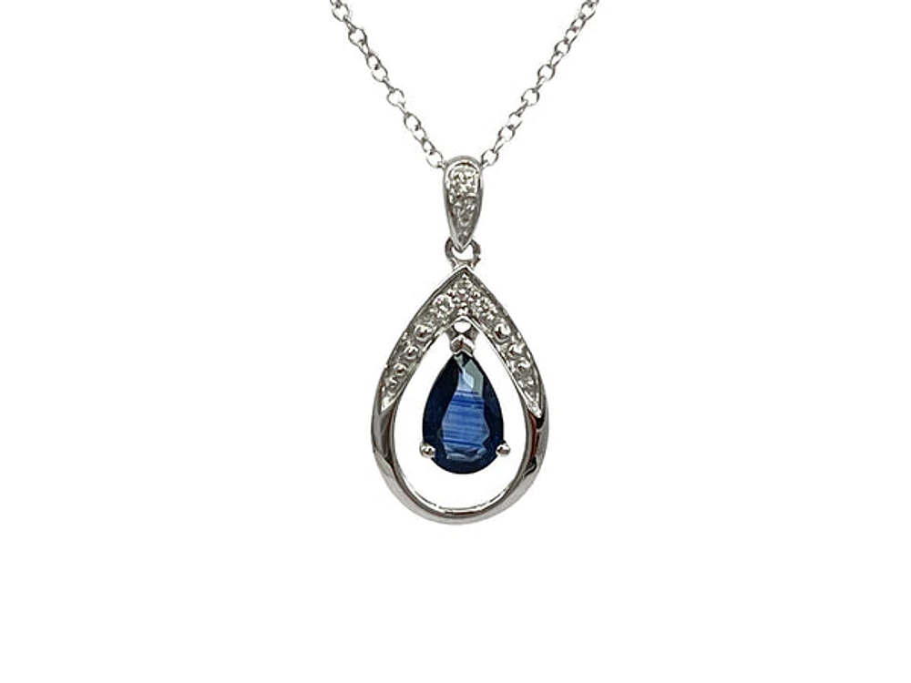 10K White Gold Sapphire and Diamond Pendant, 18"