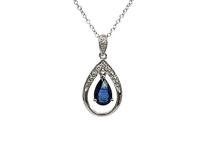 10K White Gold Sapphire and Diamond Pendant, 18"