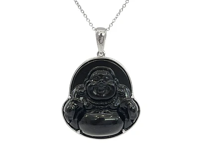 10K White Gold 20mm Dyed Black Jade Buddha Pendant - 18"