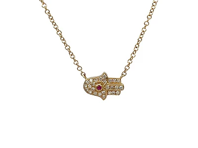 14K Yellow Gold Ruby and Diamond Hamsa Pendant, 18”