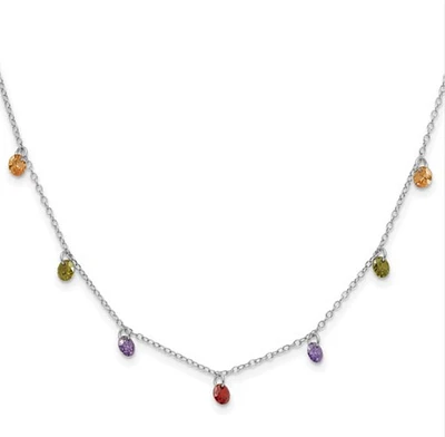 Sterling Silver Rhodium Plated 16 inch Dangling Colorful CZ Necklace with 2 inch Extender