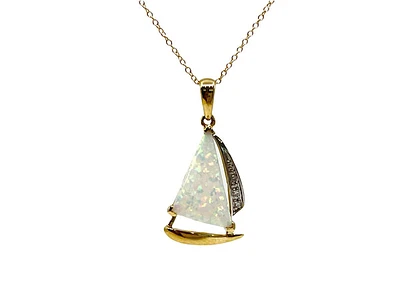 10K Yellow Gold Sail Boat Shaped Created Opal and 0.015cttw Diamond Necklace - 18 Inches