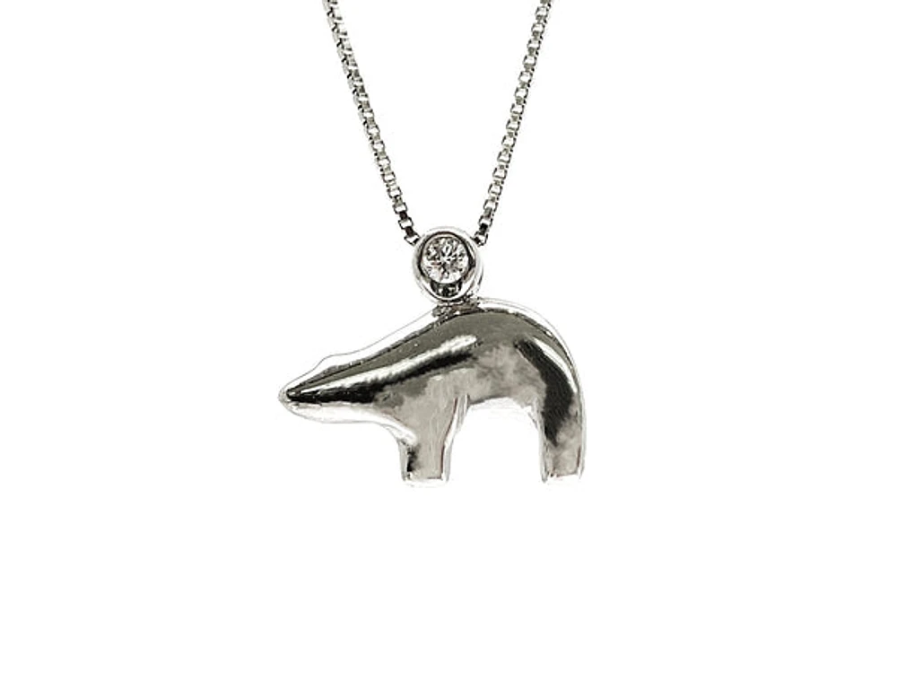Sterling Silver 0.057cttw Canadian Diamond Polar Bear Pendant, 18"
