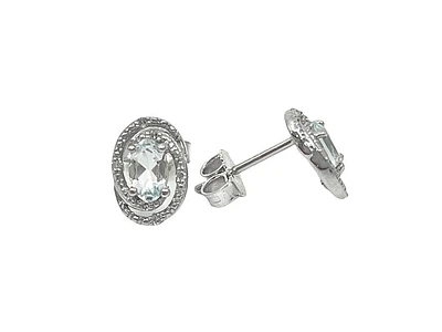 925 Sterling Silver Aquamarine & Diamond Halo Stud Earrings
