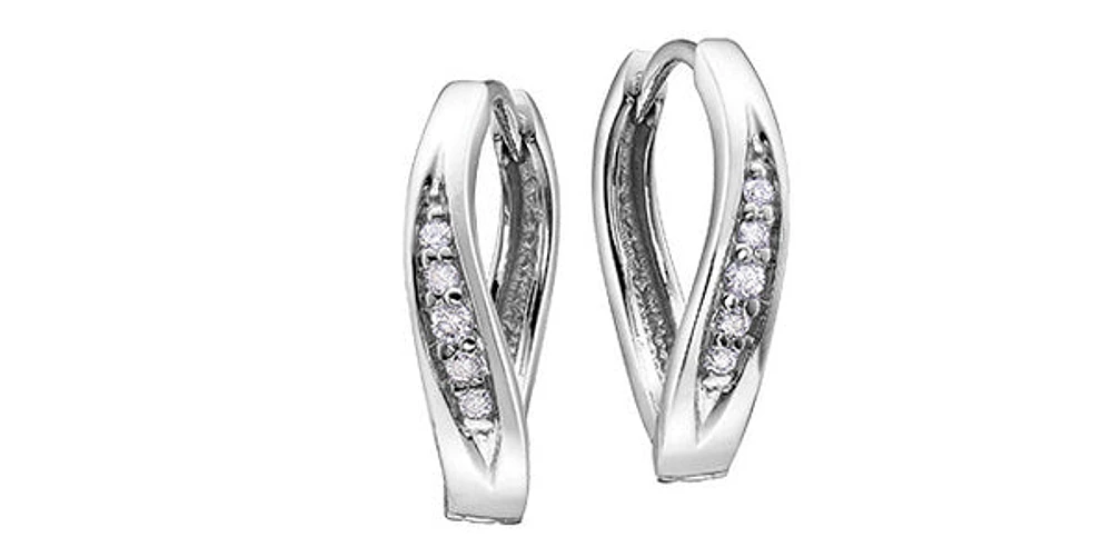 10K White Gold 0.06cttw Round Cut Diamond Hoop Huggie Hinged Earrings