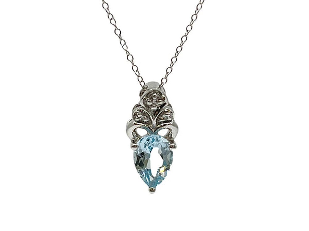 10K White Gold 7mm x 5mm Swiss Blue Topaz and 0.018cttw Diamond Necklace - 18 Inches