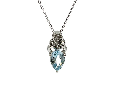 10K White Gold 7mm x 5mm Swiss Blue Topaz and 0.018cttw Diamond Necklace - 18 Inches
