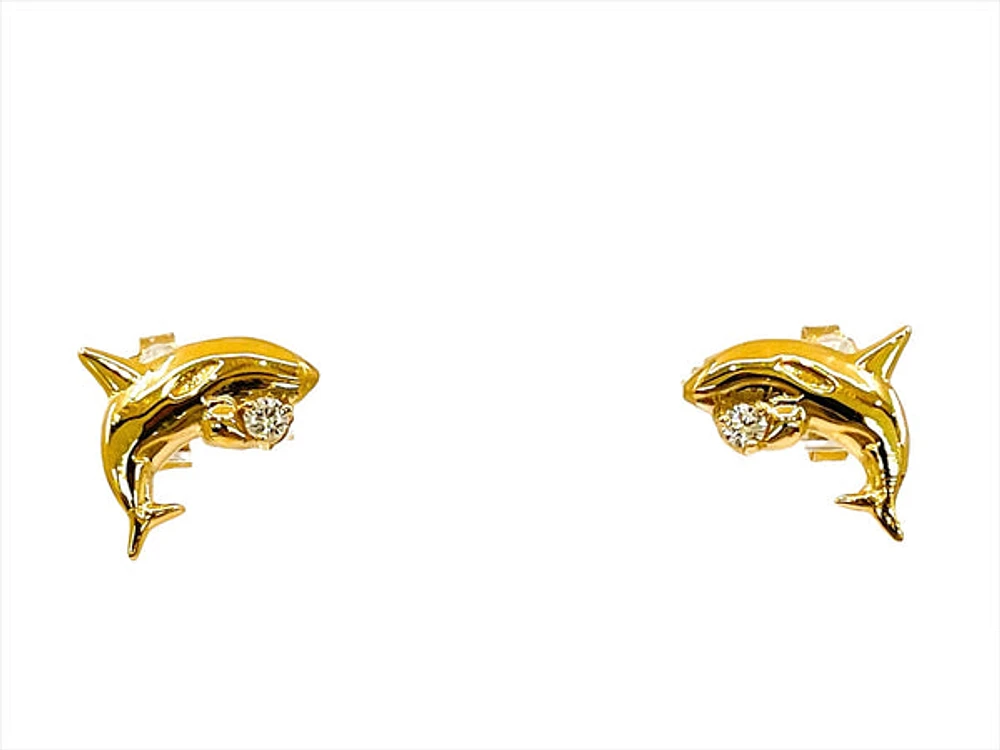 14K Yellow Gold 0.06cttw Diamond Orca Earrings with Butterfly Backs - 12mm x 10mm