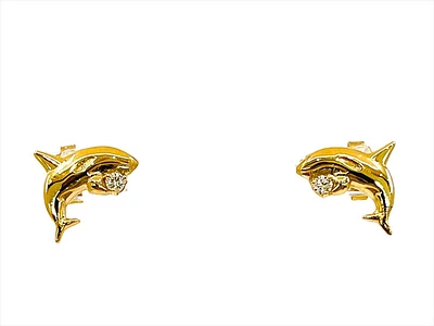 14K Yellow Gold 0.06cttw Diamond Orca Earrings with Butterfly Backs - 12mm x 10mm