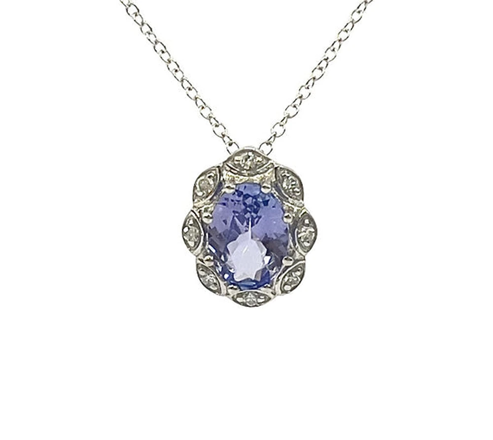 10K White Gold Tanzanite and Diamond Antique Halo Necklace, 18"