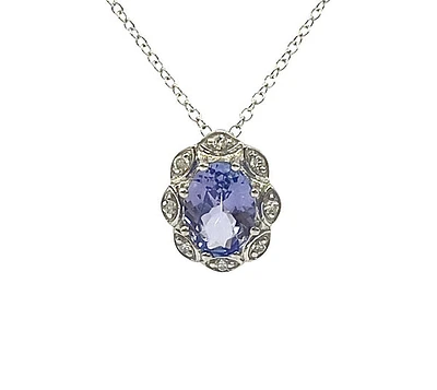 10K White Gold Tanzanite and Diamond Antique Halo Necklace, 18"