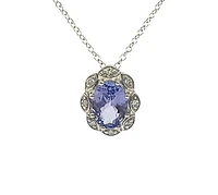 10K White Gold Tanzanite and Diamond Antique Halo Necklace, 18"