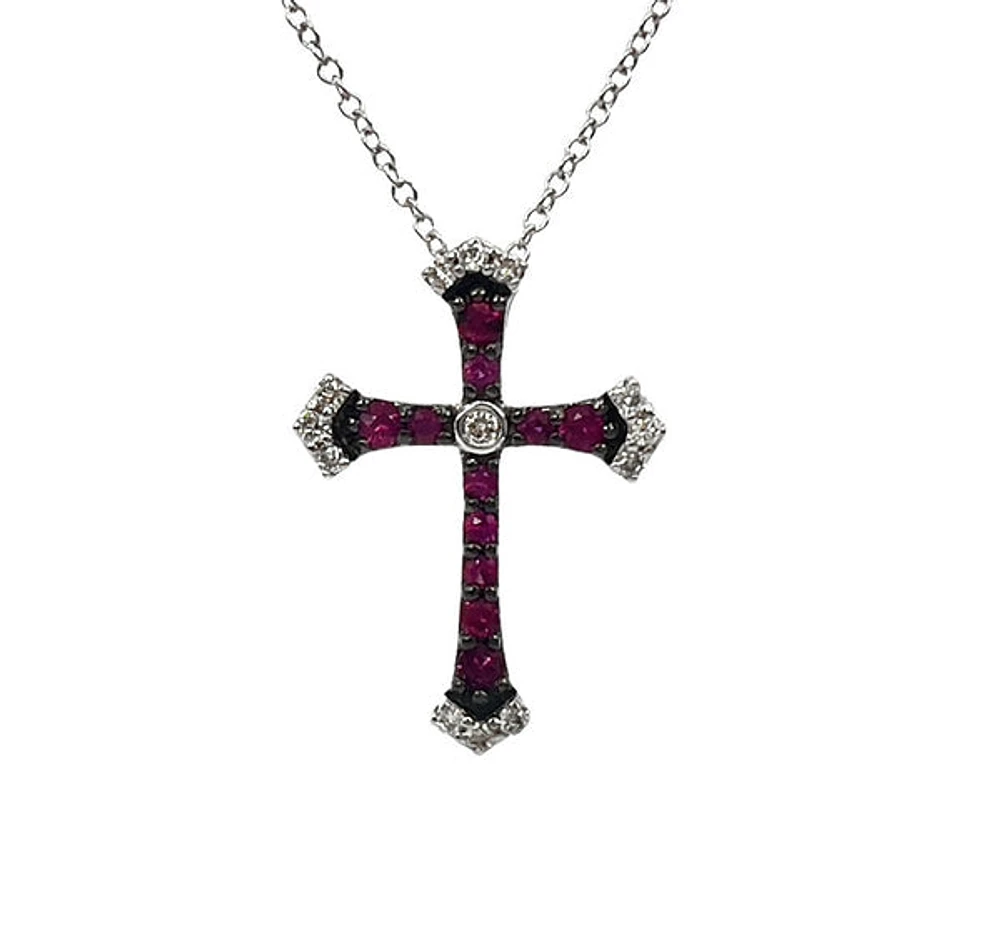 10K White Gold 0.18cttw Ruby and 0.07cttw Diamond Cross Pendant - 18 inches