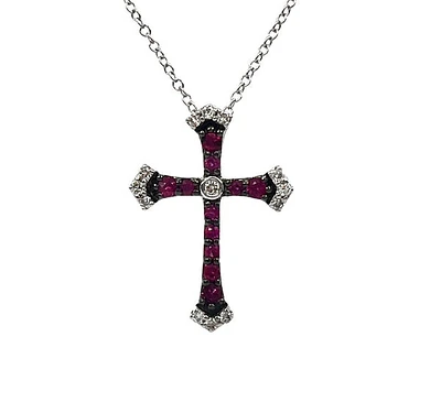 10K White Gold 0.18cttw Ruby and 0.07cttw Diamond Cross Pendant - 18 inches