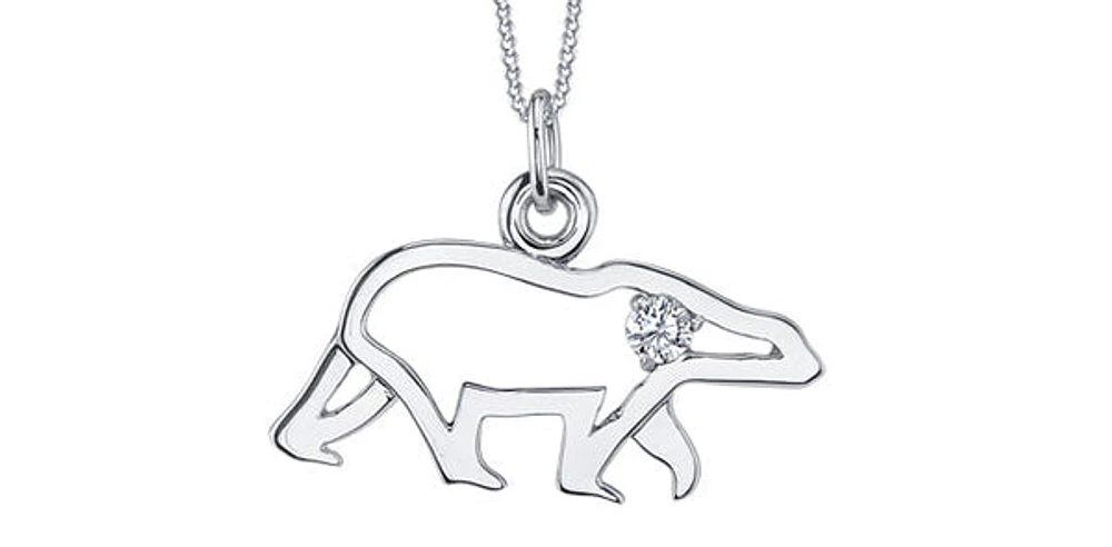 10K White Gold 0.067cttw Canadian Diamond Polar Bear Pendant, 18"