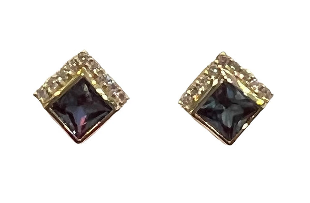 10K Yellow Gold Created Alexandrite and Diamond Earrings
