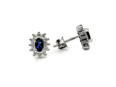 14K White Gold 0.55cttw Genuine Sapphire & 0.32cttw Diamond Halo Earrings