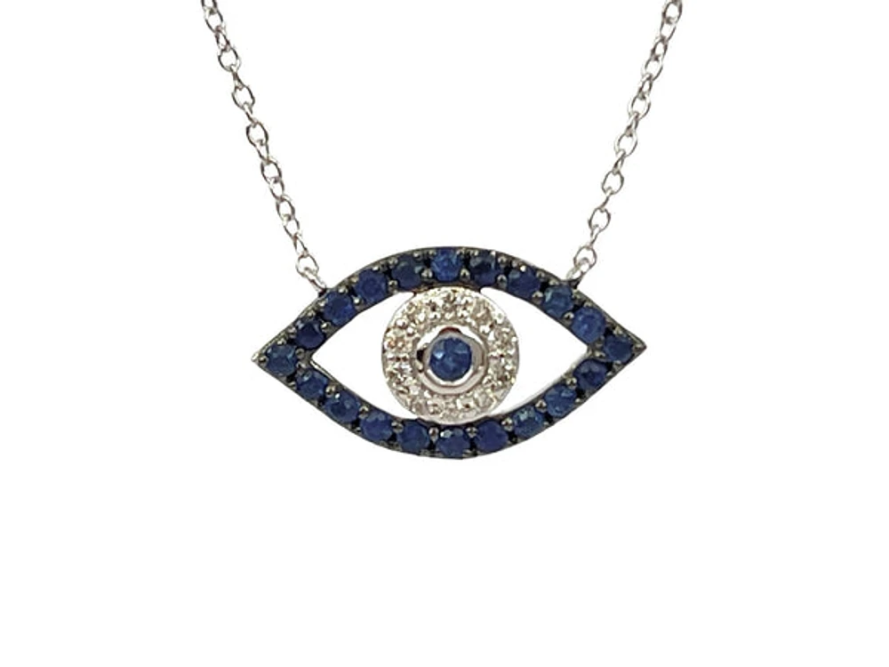 10K White Gold Sapphire & Diamond Evil Eye Pendant, 18"
