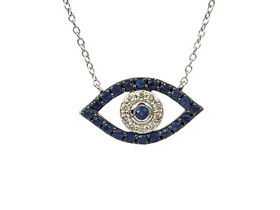 10K White Gold Sapphire & Diamond Evil Eye Pendant, 18"