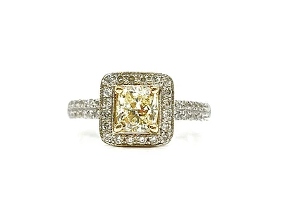 14K White Gold 1.60cttw Fancy Yellow and White Diamond Halo Engagement Ring, size 6