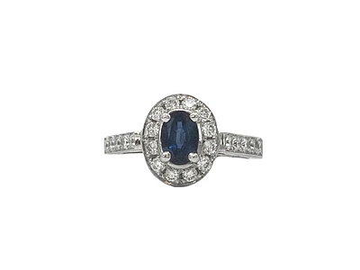 14K White Gold 0.75cttw Genuine Oval Cut Sapphire and 0.50cttw Diamond Ring, size 6.5