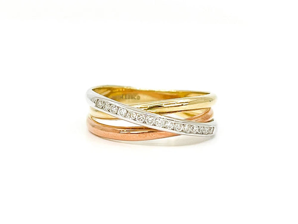 10K Tri - Tone White, Yellow & Rose Gold 0.15cttw Diamond Ring, size 6.5