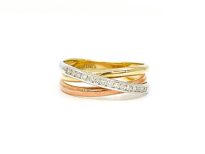 10K Tri - Tone White, Yellow & Rose Gold 0.15cttw Diamond Ring, size 6.5