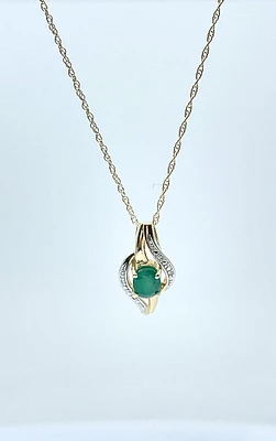 10K Yellow Gold Emerald and Diamond Pendant, 18"