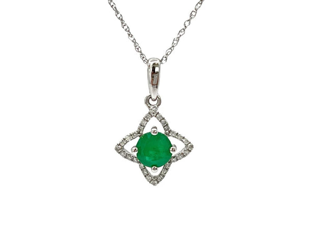 10/14K White Gold Emerald and Diamond Pendant, 18"