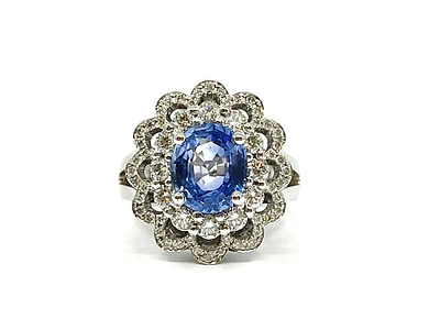 14K White Gold 3.03cttw Genuine Sapphire and 0.30cttw Diamond Ring, size 6.5