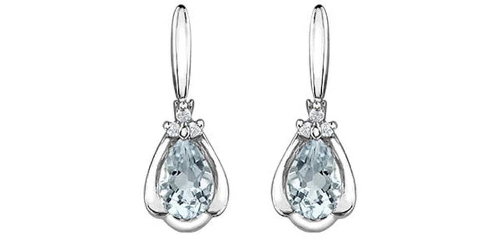 10K White Gold 0.70cttw Genuine Aquamarine Pear Cut & 0.03cttw Diamond Stud / Dangle / Drop Earrings