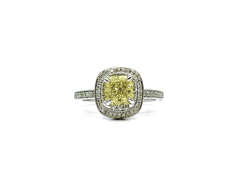 14K White Gold 1.33cttw Fancy Yellow and White Diamond Halo Engagement Ring, size 6