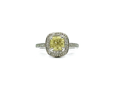 14K White Gold 1.33cttw Fancy Yellow and White Diamond Halo Engagement Ring, size 6