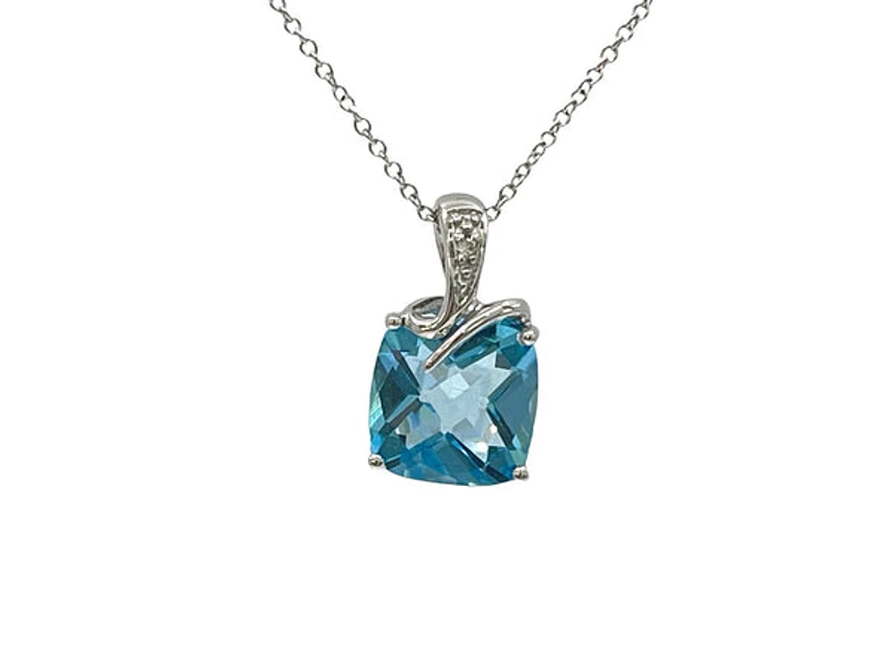 10K White Gold Blue Topaz and Diamond Pendant, 18"