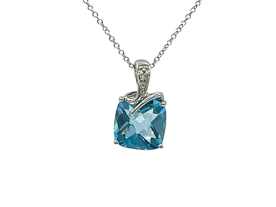 10K White Gold Blue Topaz and Diamond Pendant, 18"