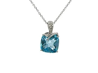 10K White Gold Blue Topaz and Diamond Pendant, 18"