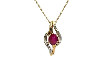 10K Yellow Gold Ruby and Diamond Pendant, 18"