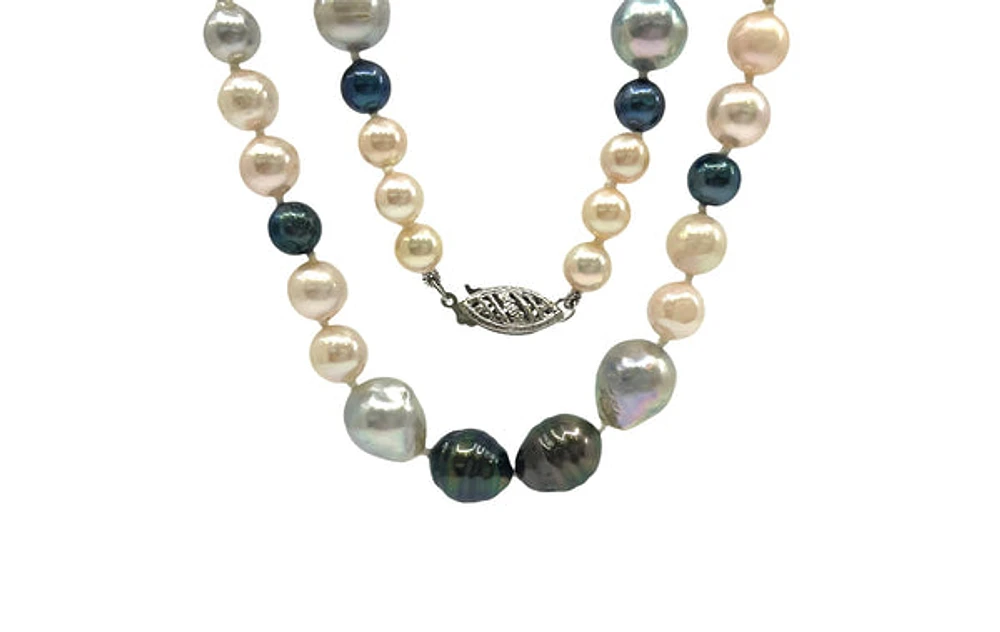 Black Tahitian, Cultured Black & White Fancy Pearl Strand with 14K White Gold Pearl Clasp - 16"