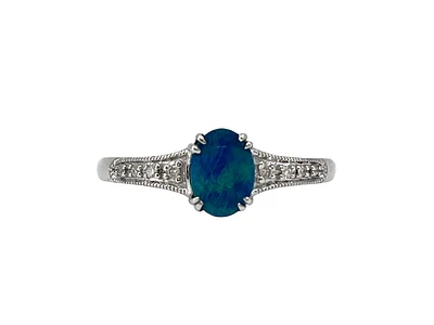 10K White Gold 1.00cttw Genuine Australian Doublet Opal and 0.04cttw Diamond Ring, size 7