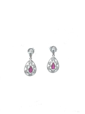 10K White Gold 0.55cttw Genuine Ruby and 0.11cttw Diamond Earrings