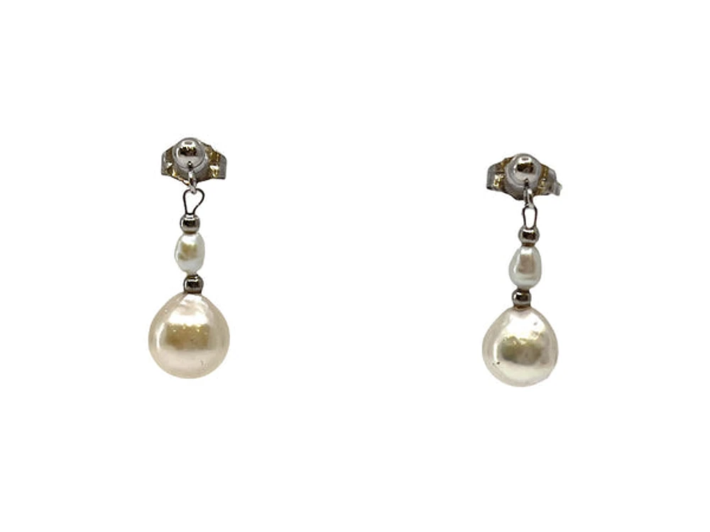 14K White Gold Cultured and Fresh Water Pearl Dangle Earrings