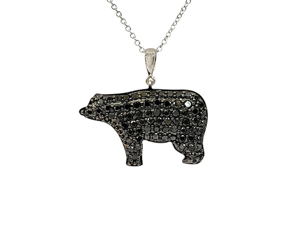 10K White Gold 0.70cttw Black Diamond Bear Necklace, 18"