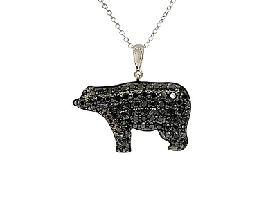 10K White Gold 0.70cttw Black Diamond Bear Necklace, 18"