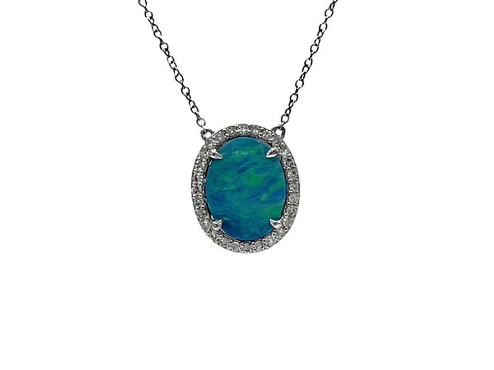 10K White Gold Custom Made Australian Opal Doublet and Diamond Pendant, 18"