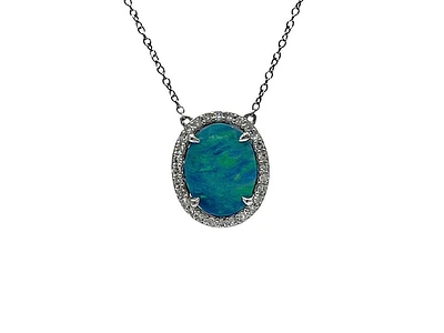 10K White Gold Custom Made Australian Opal Doublet and Diamond Pendant, 18"