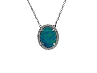 10K White Gold Custom Made Australian Opal Doublet and Diamond Pendant, 18"