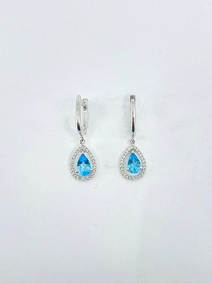 10K White Gold Genuine Blue Topaz & Diamond Earrings