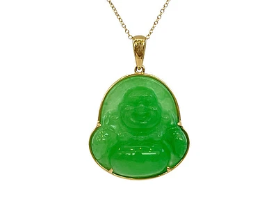 10K Yellow Gold 20mm Dyed Green Jade Buddha Pendant - 18"