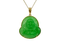 10K Yellow Gold 20mm Dyed Green Jade Buddha Pendant - 18"