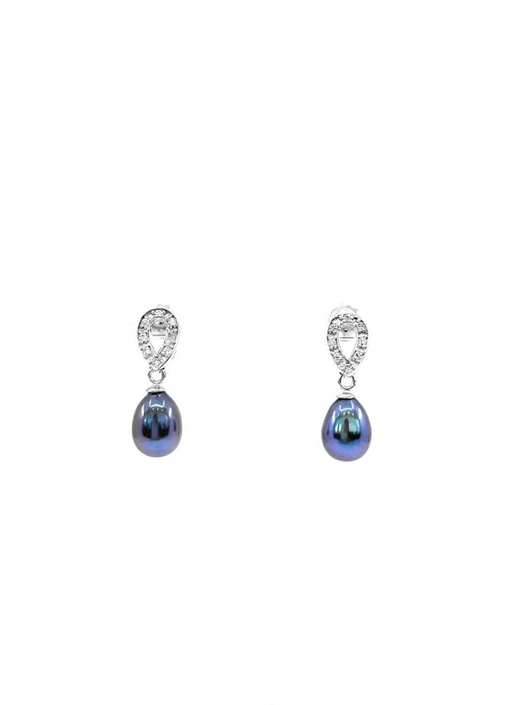 Fresh Water Black Pearl Silver & Cubic Zirconia Earrings